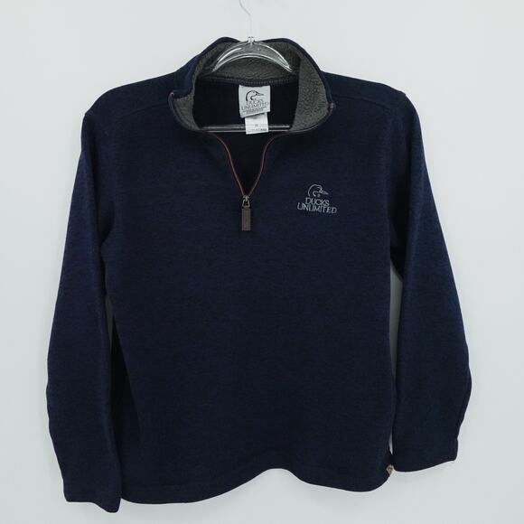 Ducks Unlimited Sweater Mens Medium Blue 1/4 Zip Fleece Preppy Outdoors Pockets - Picture 1 of 14